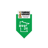 Kelly Green miniature dog bandana with Woof Da and 2 paws inside the state of minnesota outline.