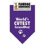 Purple one size fits most dog bandana with World's Cutest GrandDog and 2 paws in white ink.