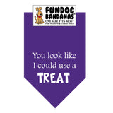 Purple one size fits most dog bandana with You look like I could use a treat in white ink.